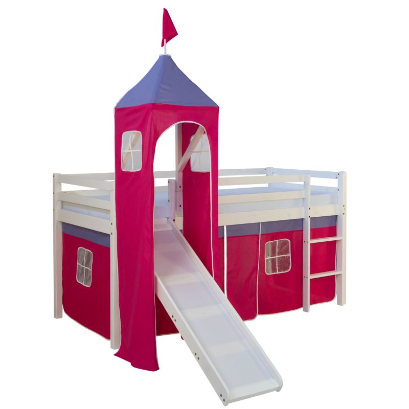 Lit mi-hauteur enfant toboggan tour pin rideau rouge 90x200