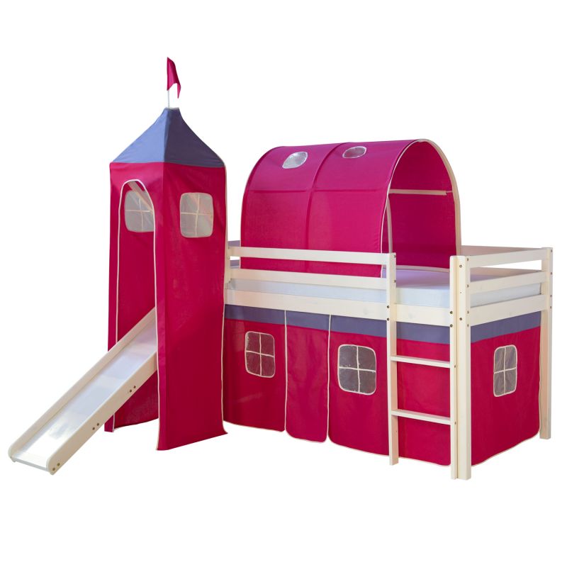 Lit mi-hauteur enfant toboggan tunnel tour pin rideau rouge 90x200