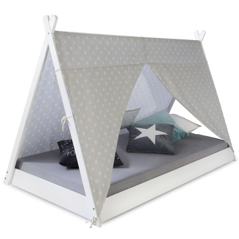 Lit tipi enfant 90x200 blanc toile grise à étoiles