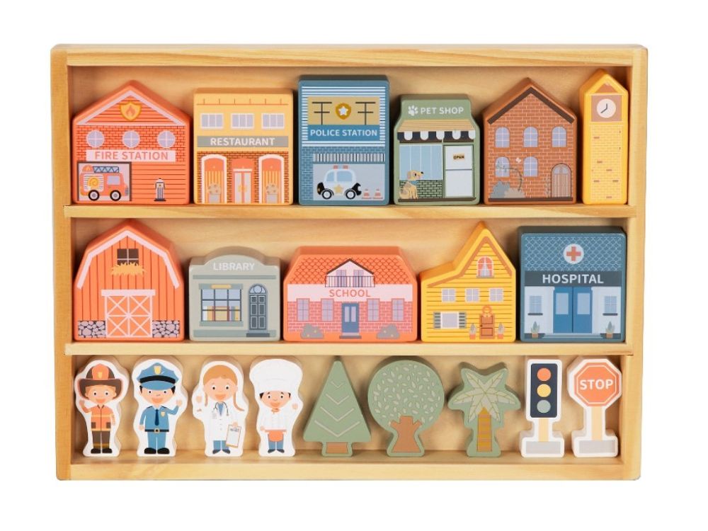 Blocs de ville en bois- Maisons, personnages et accessoires
