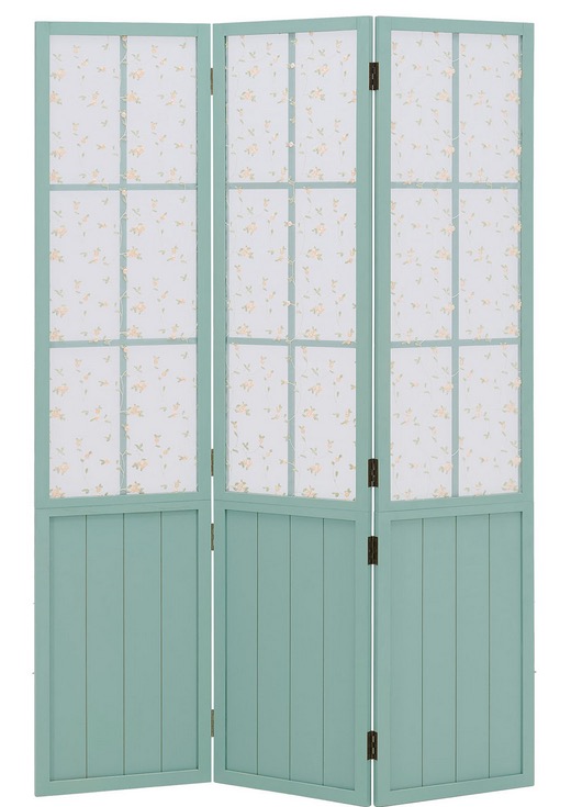Paravent turquoise 3 panneaux en bois – Style champêtre à motif floral