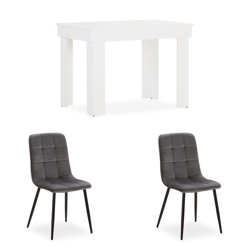 Table de salle à manger 90×60 cm blanche avec 2 chaises en velours gris