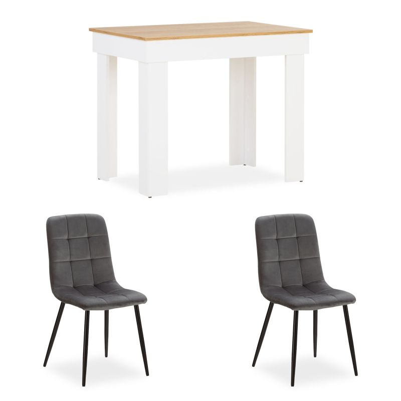 Table de salle à manger 90×60 cm blanc et chêne avec 2 chaises velours gris