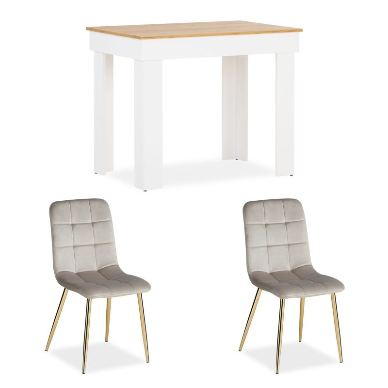 Table de salle à manger 90×60 cm chêne et blanc avec 2 chaises 