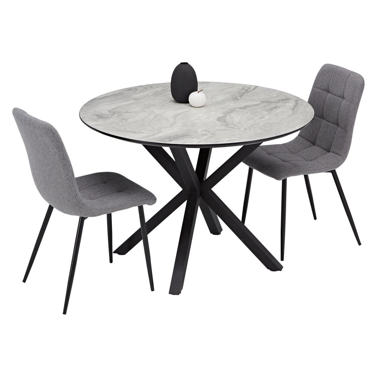 Ensemble repas table ronde 110 cm aspect pierre et 2 chaises grises, pieds metal noir
