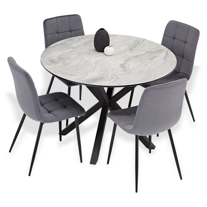 Table ronde noir gris avec 4 chaises tissu