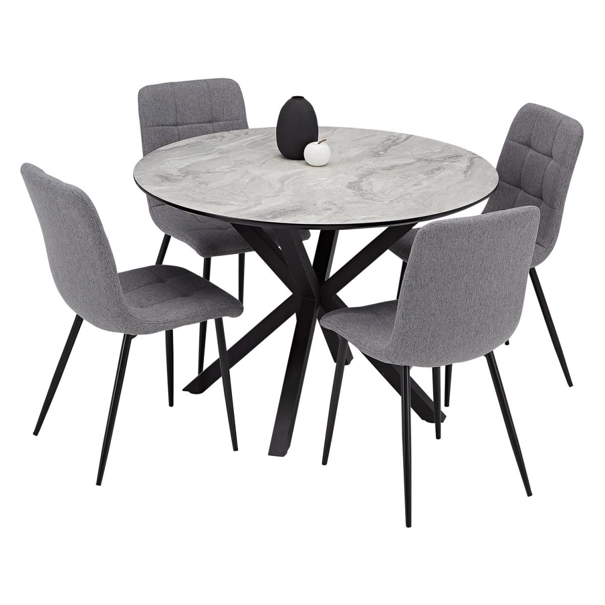 Ensemble repas table ronde 110 cm aspect pierre et 4 chaises grises, pieds metal noir