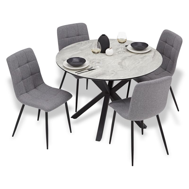 Table ronde noir gris avec 4 chaises tissu ensemble