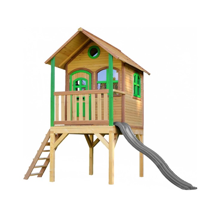 Maisonnette Laura marron-vert toboggan gris