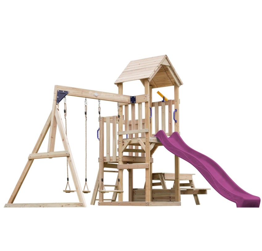 Portique Mette 2 balançoires + table toboggan violet