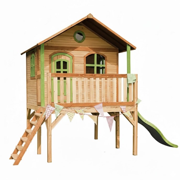 Maisonnette Sophie marron-vert toboggan vert citron