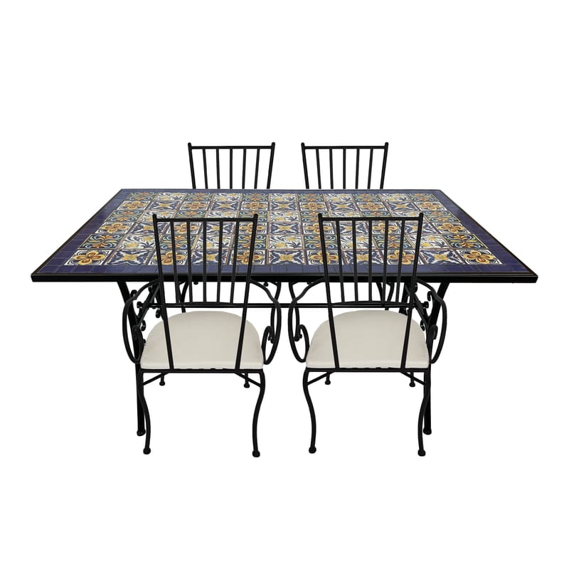 Ensemble repas mosaïque Leonie 4 chaises bleu méd.