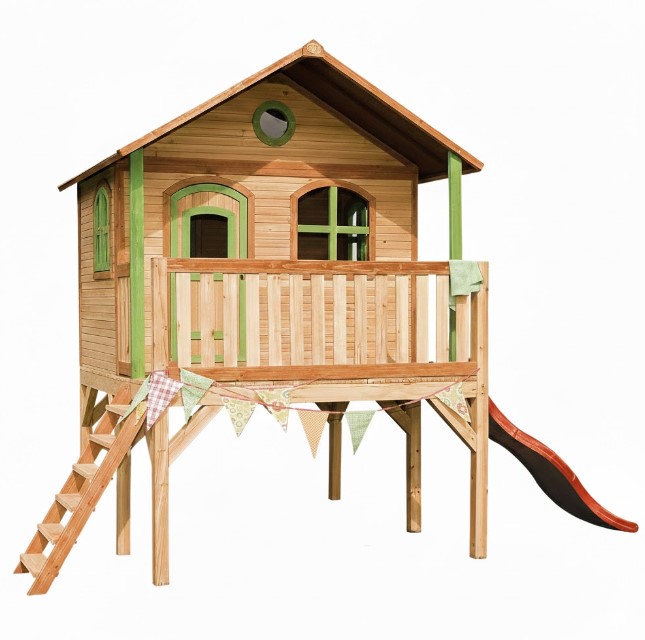 Maisonnette Laura marron-vert toboggan rouge