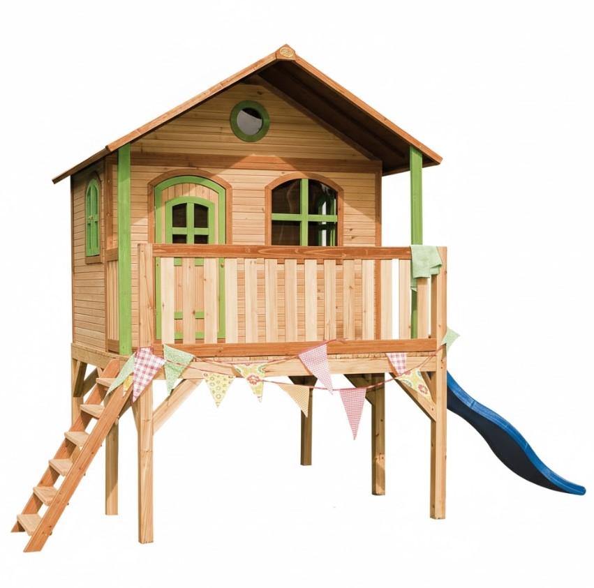 Maisonnette Laura marron-vert toboggan bleu