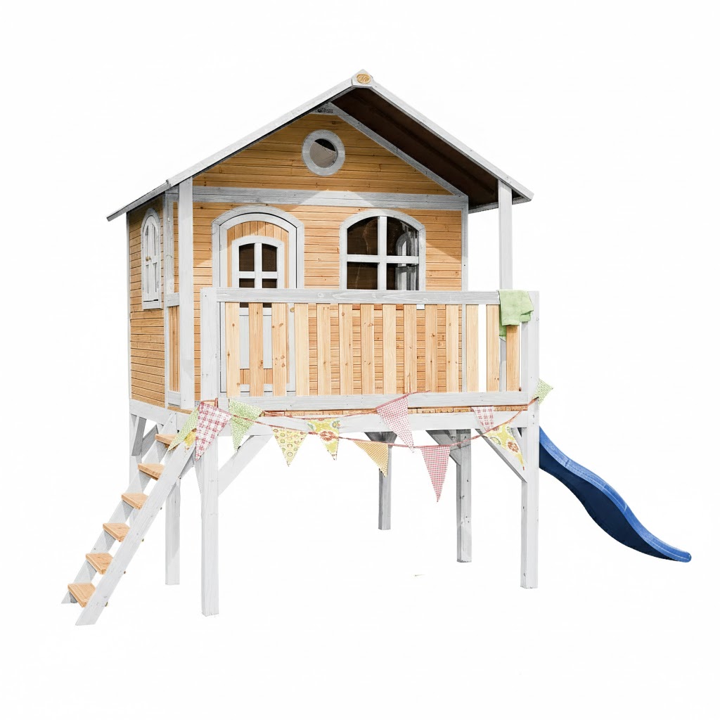 Maisonnette Laura marron-blanc toboggan bleu