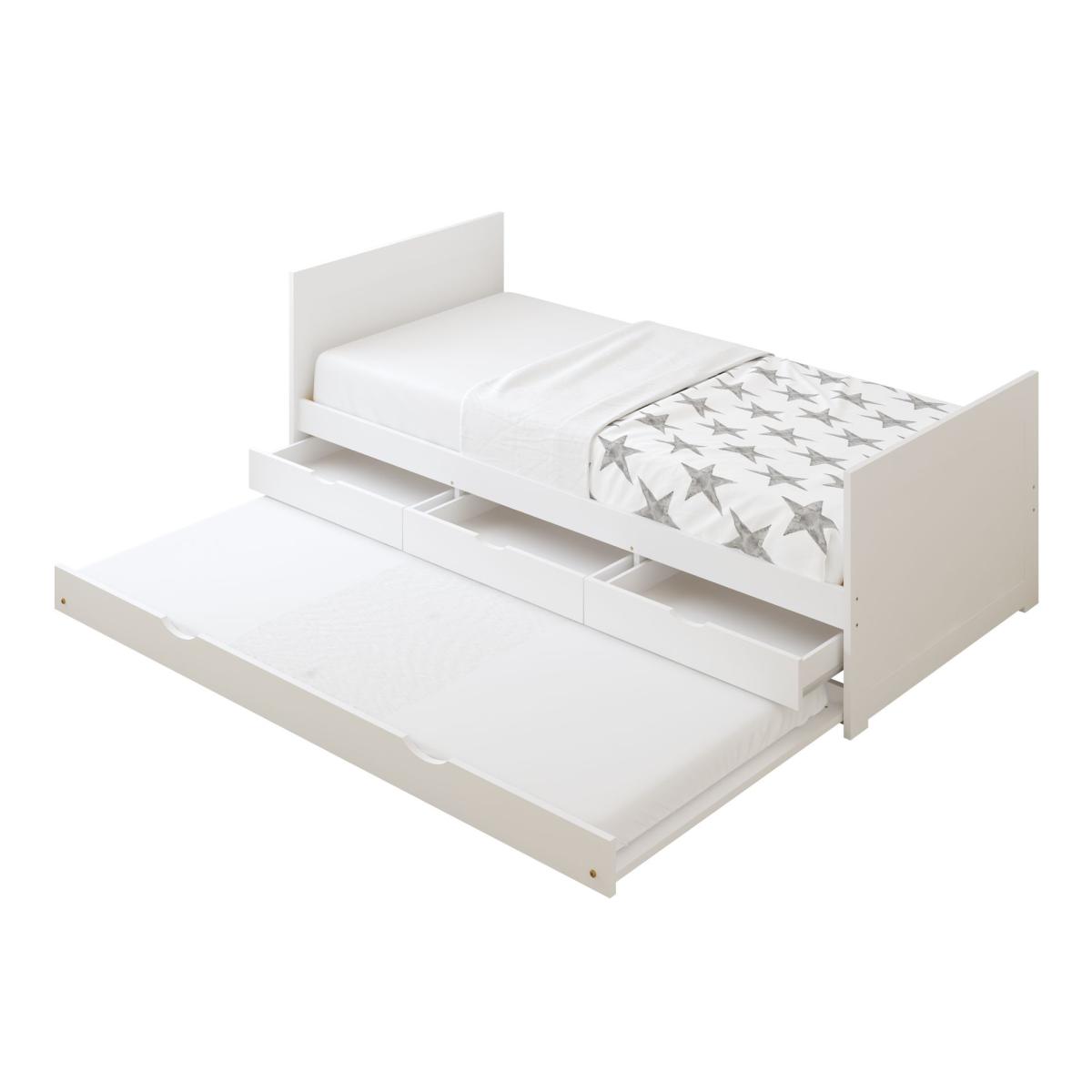 Lit Eli gigogne 3 tiroirs blanc + matelas