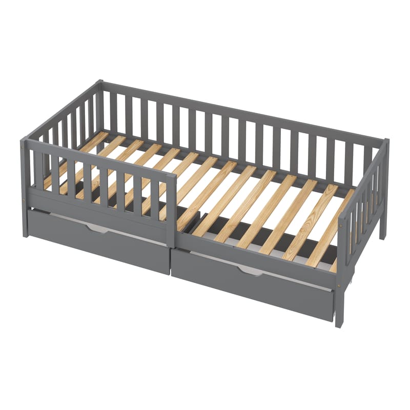 Lit enfant Isa 2 tiroirs barrière gris