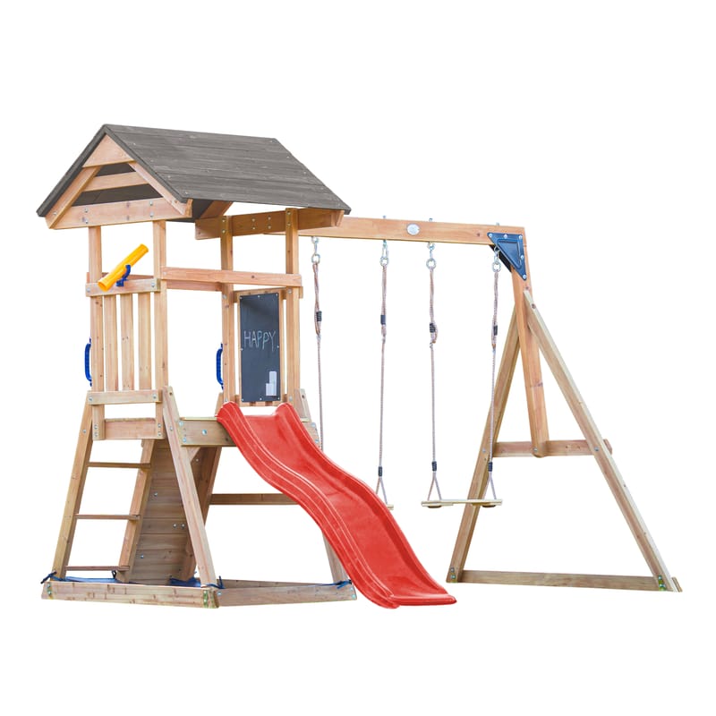 Tour Mia 2 balançoires mur escalade toboggan rouge