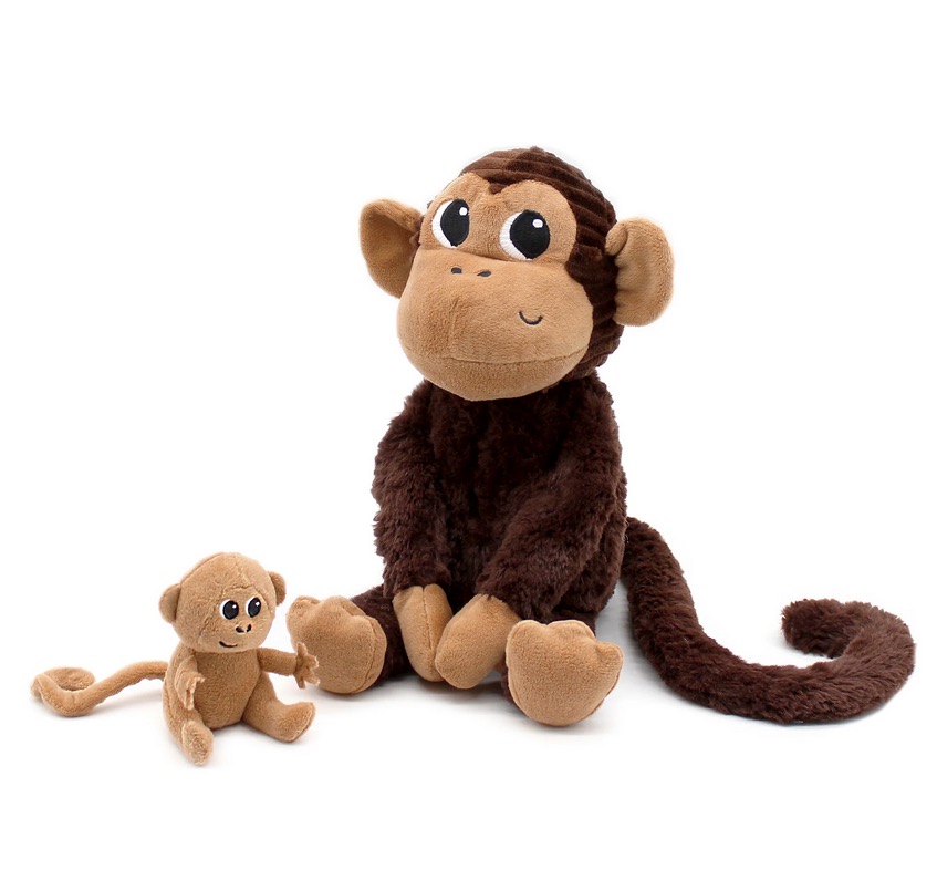 Peluche singe Zazou maman et son bébé marron chocolat