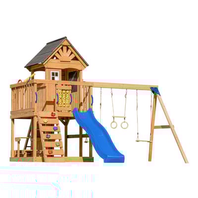 Tour Jack plateforme 2 balançoires table toboggan bleu