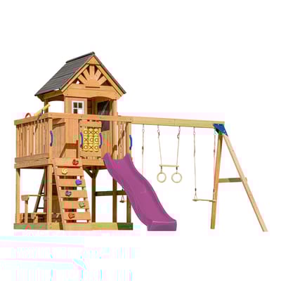 Tour Jack plateforme 2 balançoires table toboggan violet