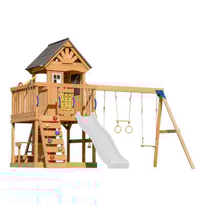 Tour Jack plateforme 2 balançoires table toboggan blanc