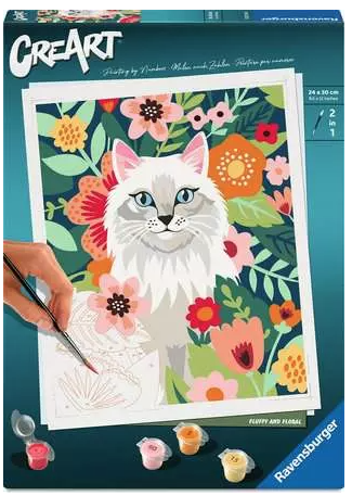 CreArt - 24x30 cm - Chat Blanc et fleurs