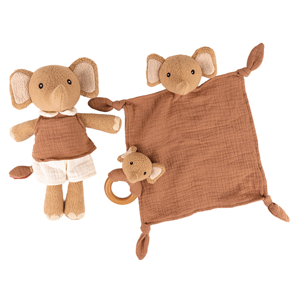 Ollie l'elephant, ensemble doudou et hochet en coton bio