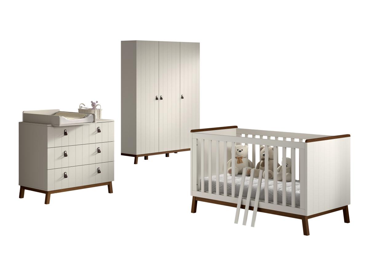Ensemble Chambre sezane lit junior 70x140 + commode + plan à langer + armoire 3 portes clay