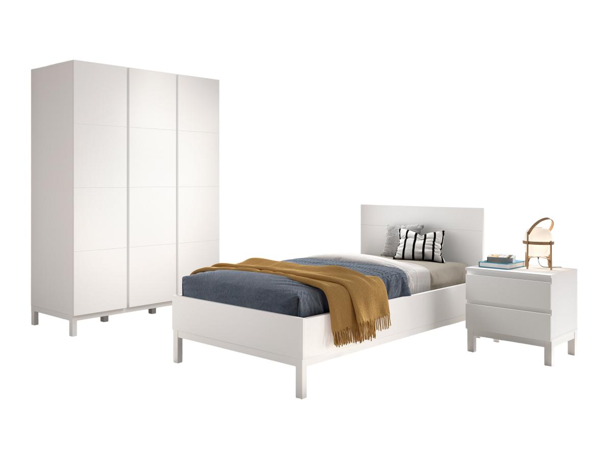 Ensemble Chambre eva lit 90x200 + chevet + armoire 3 portes blanc