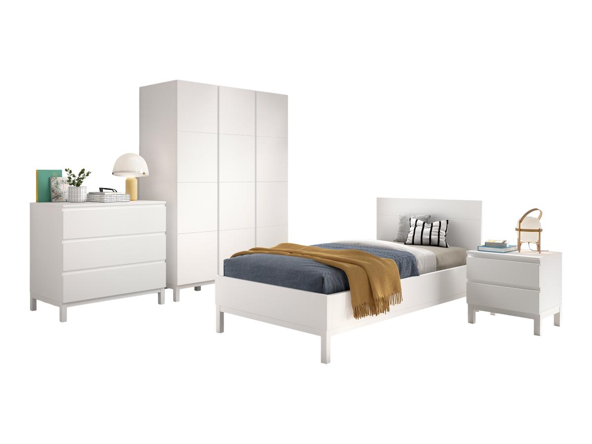 Ensemble Chambre eva lit 90x200 + chevet + armoire 3 portes + commode blanc