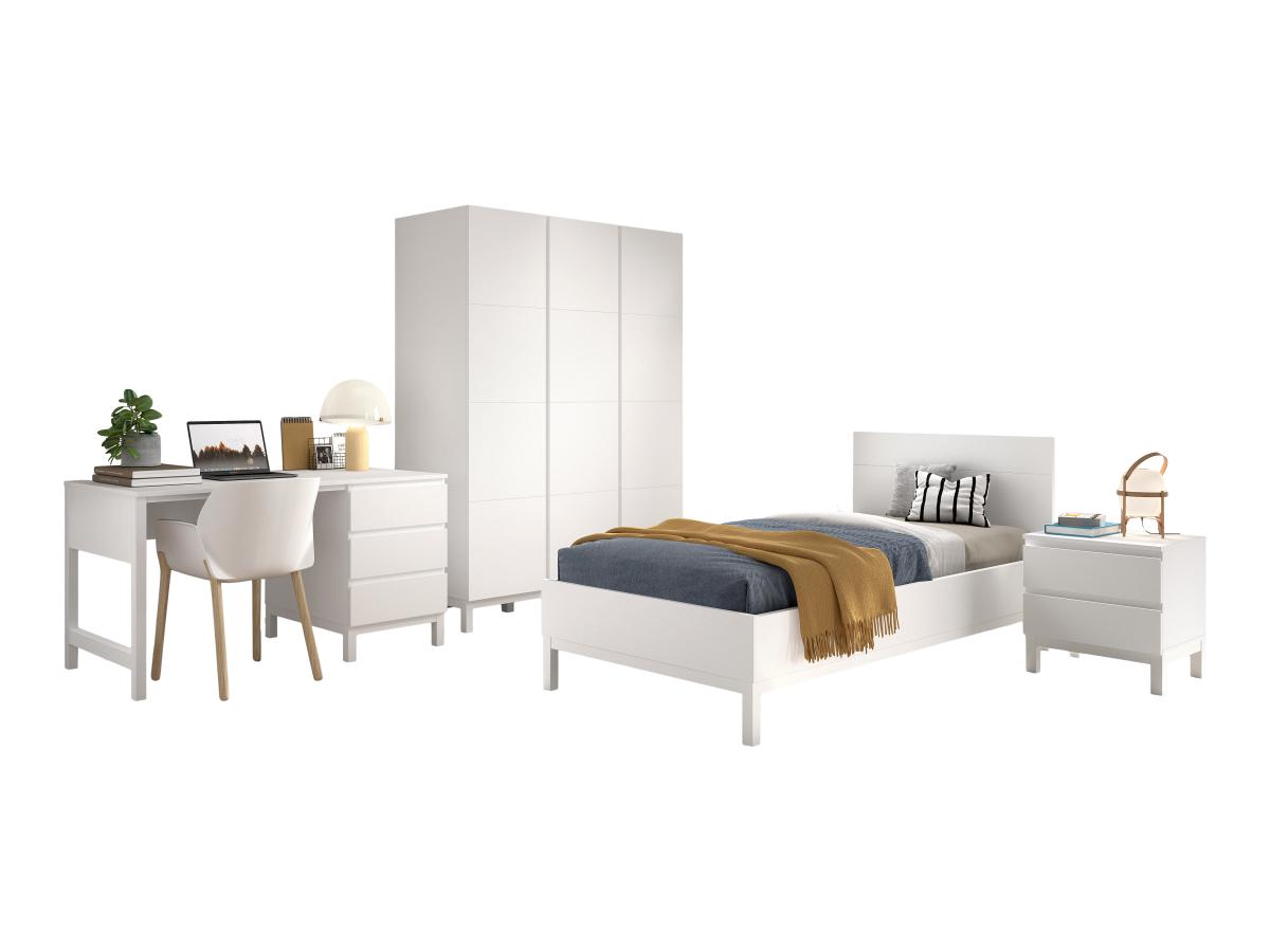 Ensemble Chambre eva lit 90x200 + chevet + armoire 3 portes + bureau blanc