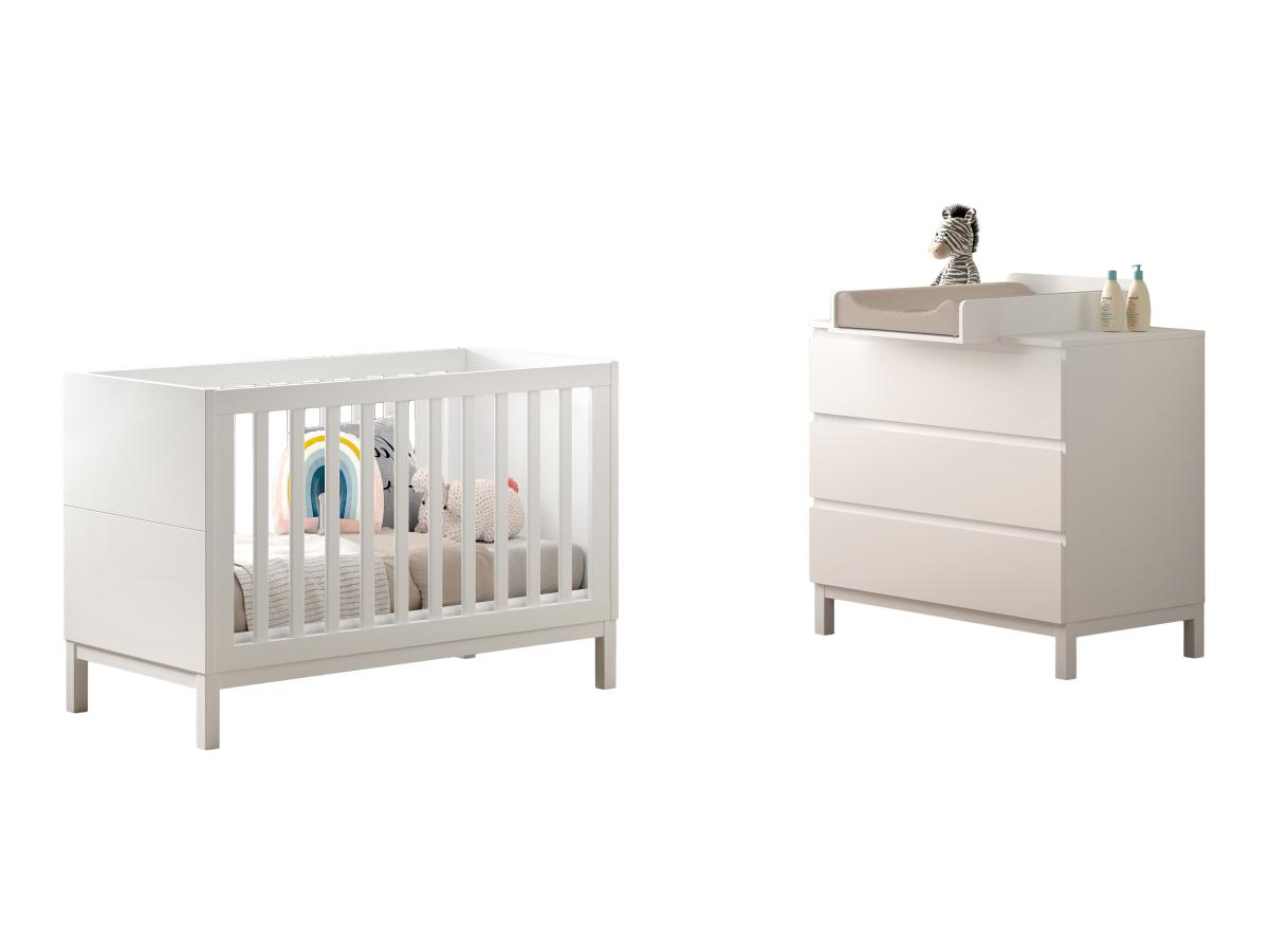 Ensemble Chambre eva lit bébé 60x120 + commode + plan à langer blanc