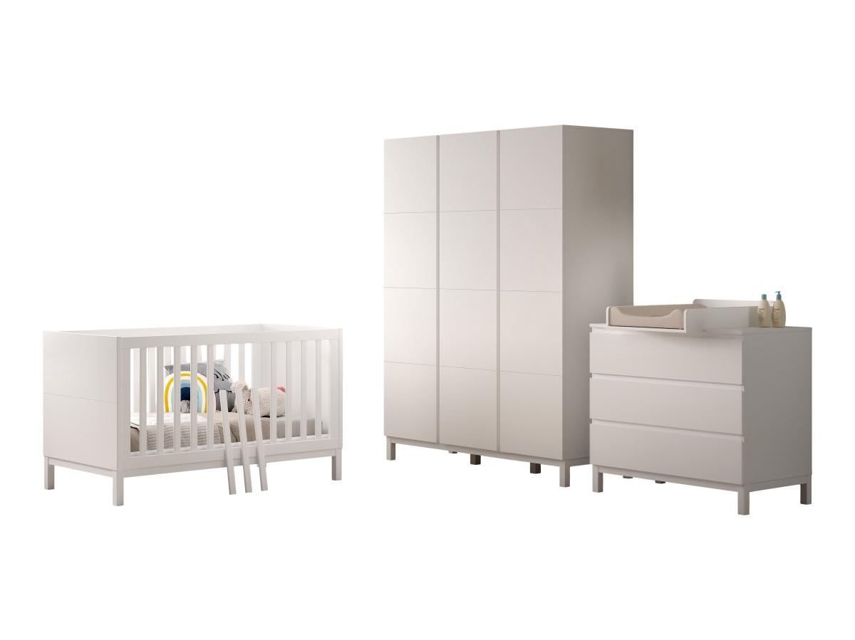 Ensemble Chambre eva lit junior 70x140 + commode + plan à langer + armoire 3 portes blanc