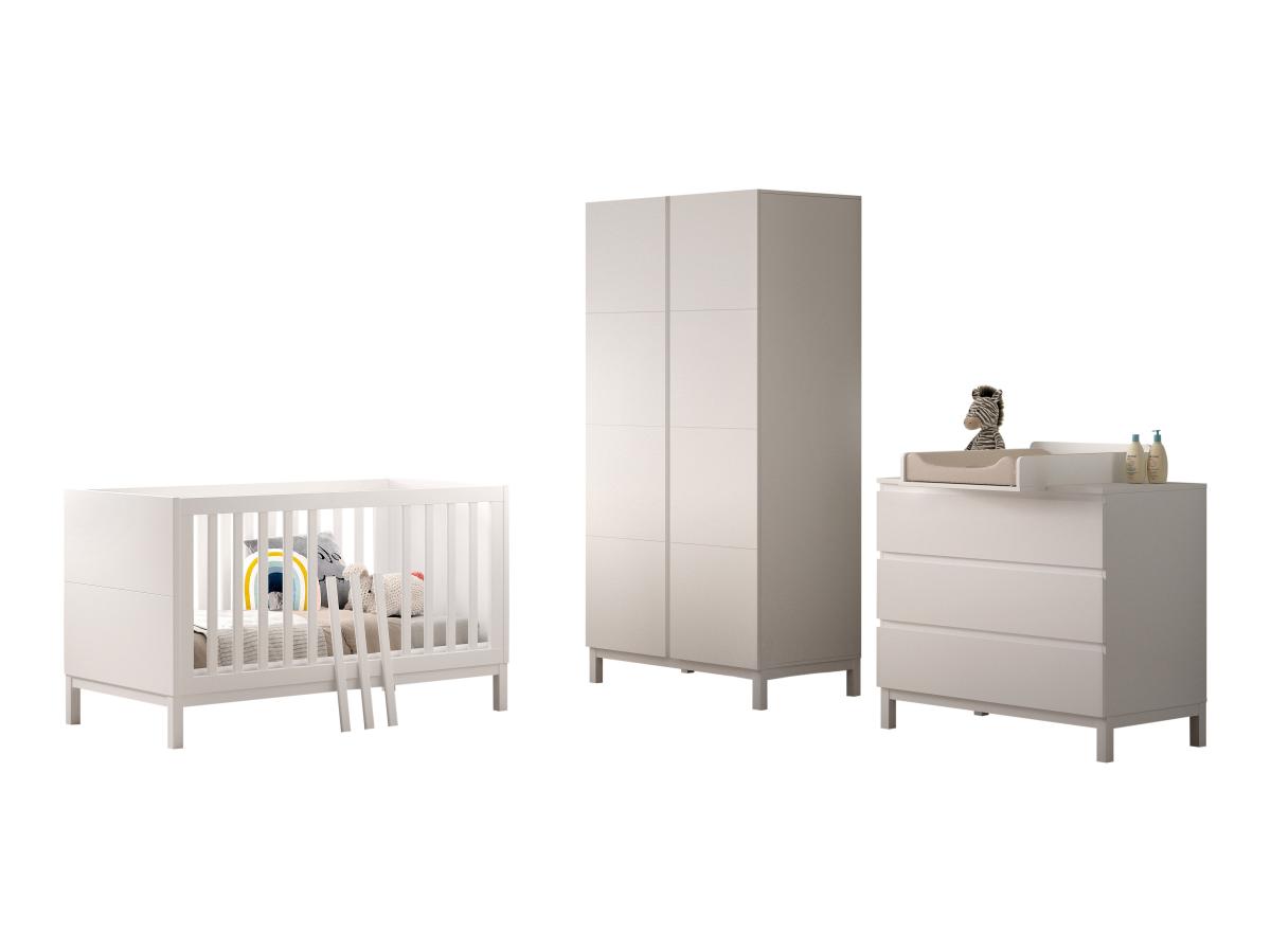 Ensemble Chambre eva lit junior 70x140 + commode + plan à langer + armoire 2 portes blanc