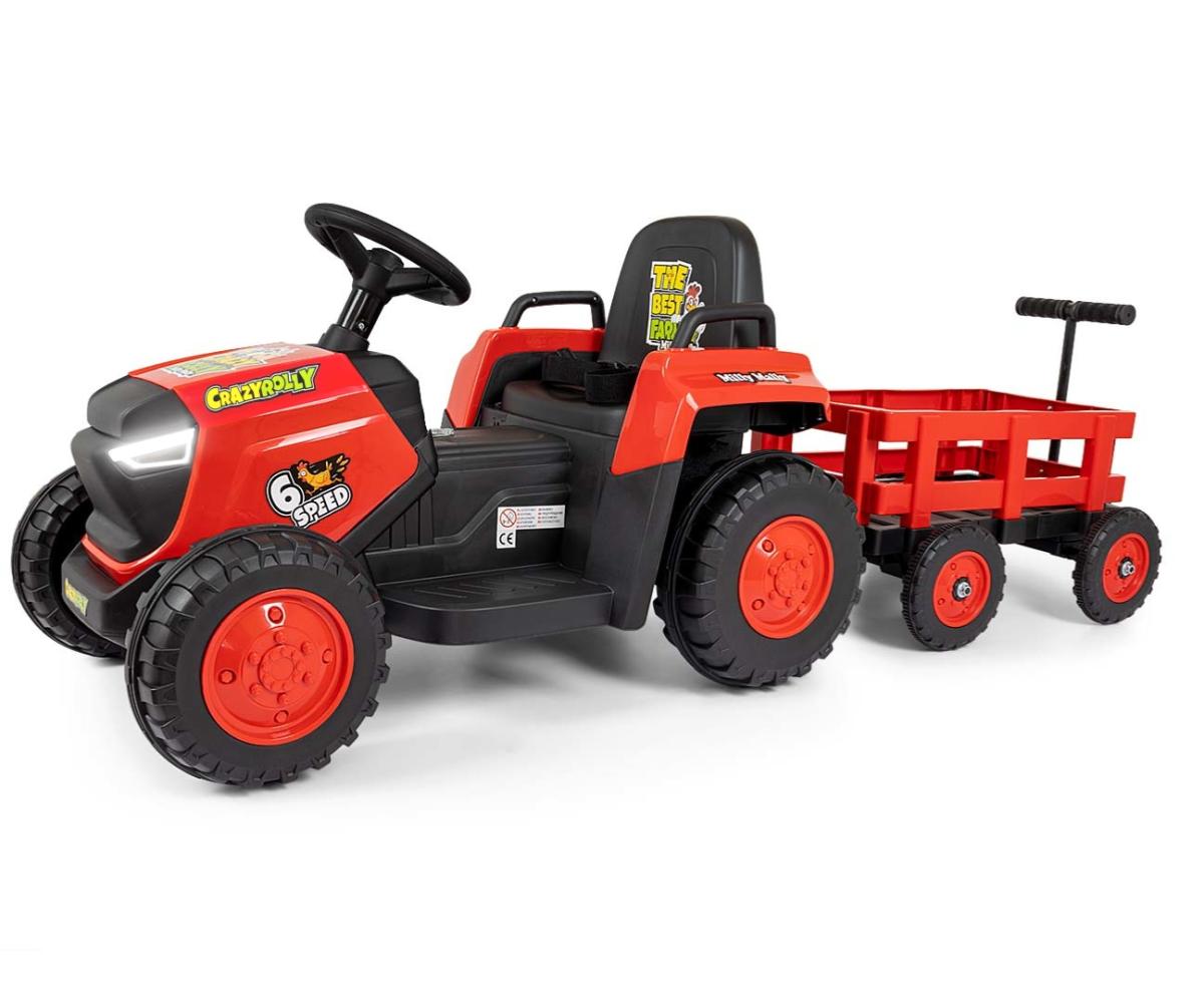 Tracteur rouge avec remorque