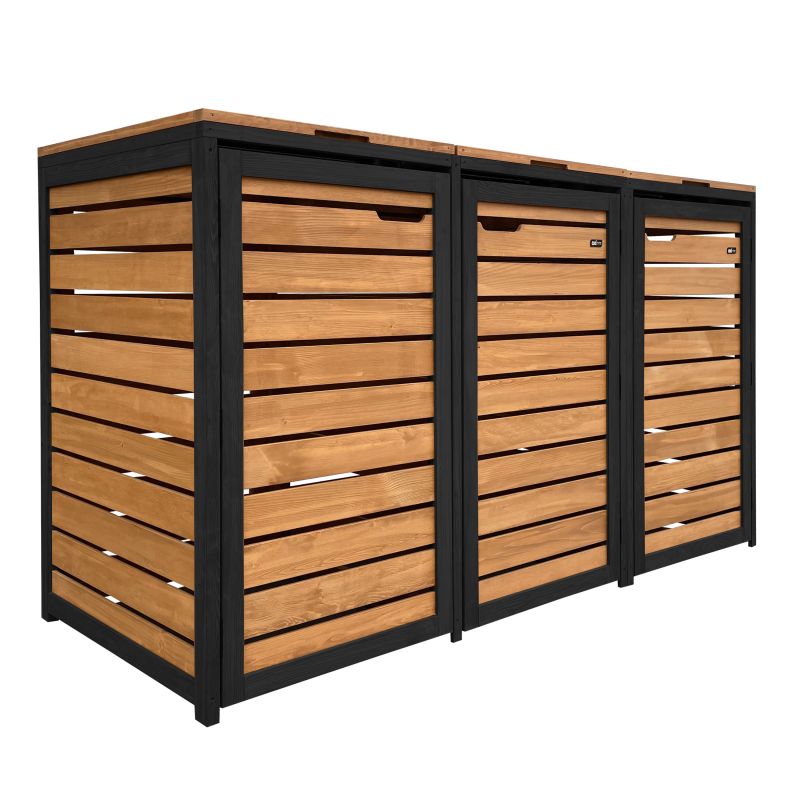 Cache poubelle en bois Brun/Noir - 3 conteneurs - Lex