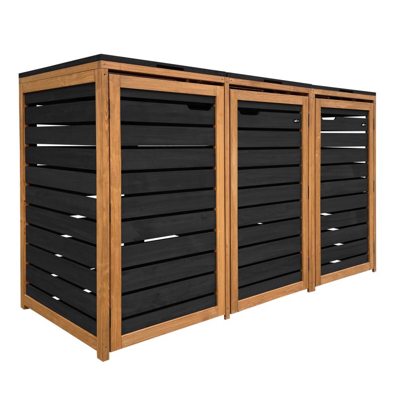 Cache poubelle en bois Noir/Brun - 3 conteneurs