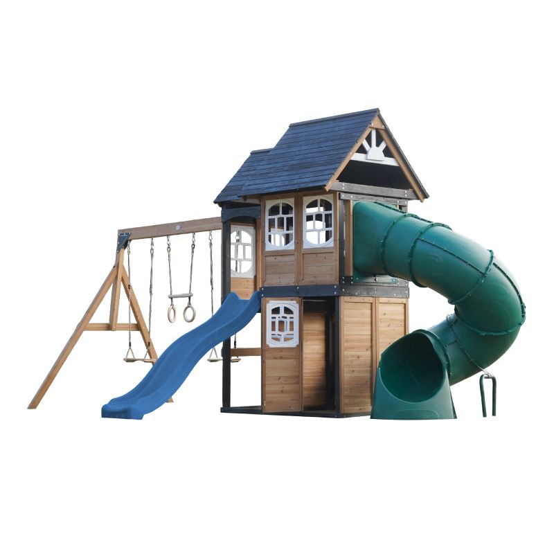 Aire de jeux - Toboggan bleu et toboggan tubulaire - Noud