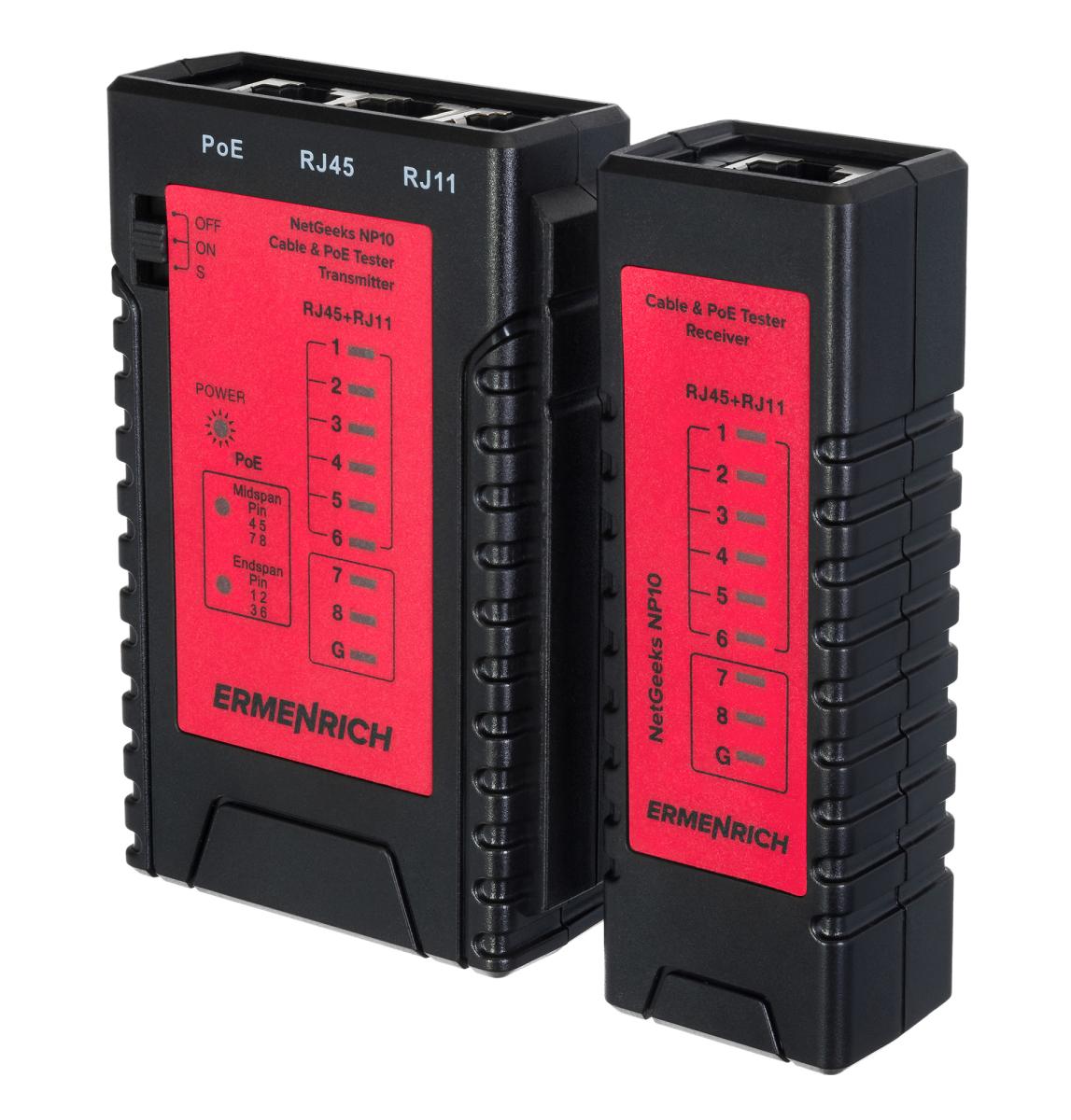 Testeur de câbles et PoE Ermenrich NetGeeks NP10, rouge