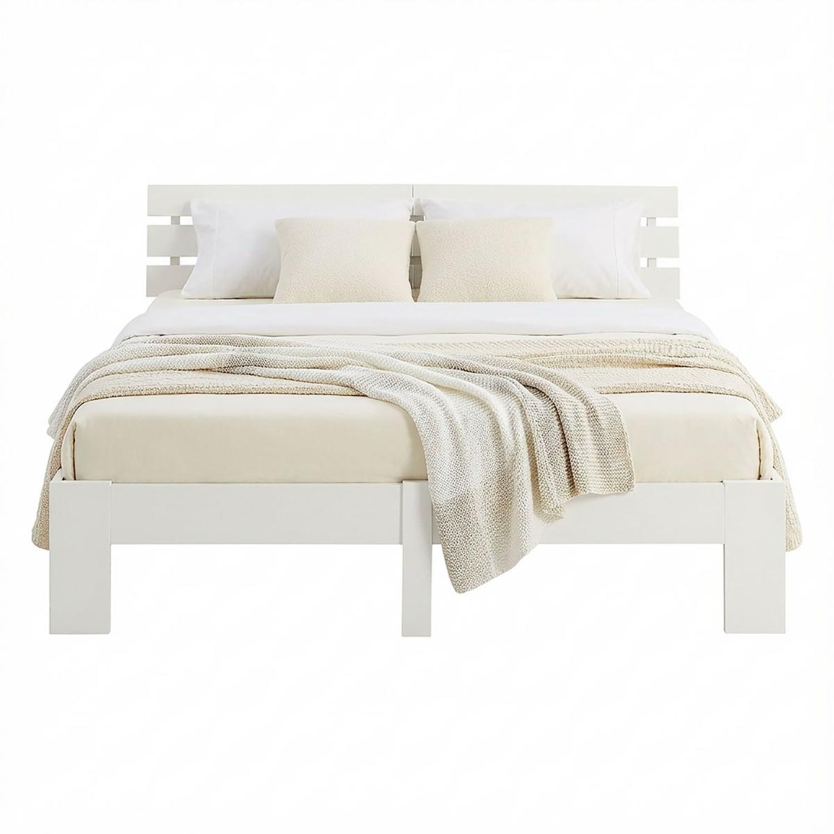 Lit en Bois 140x200 cm Blanc - Lit Double avec Matelas à ressorts - Massif