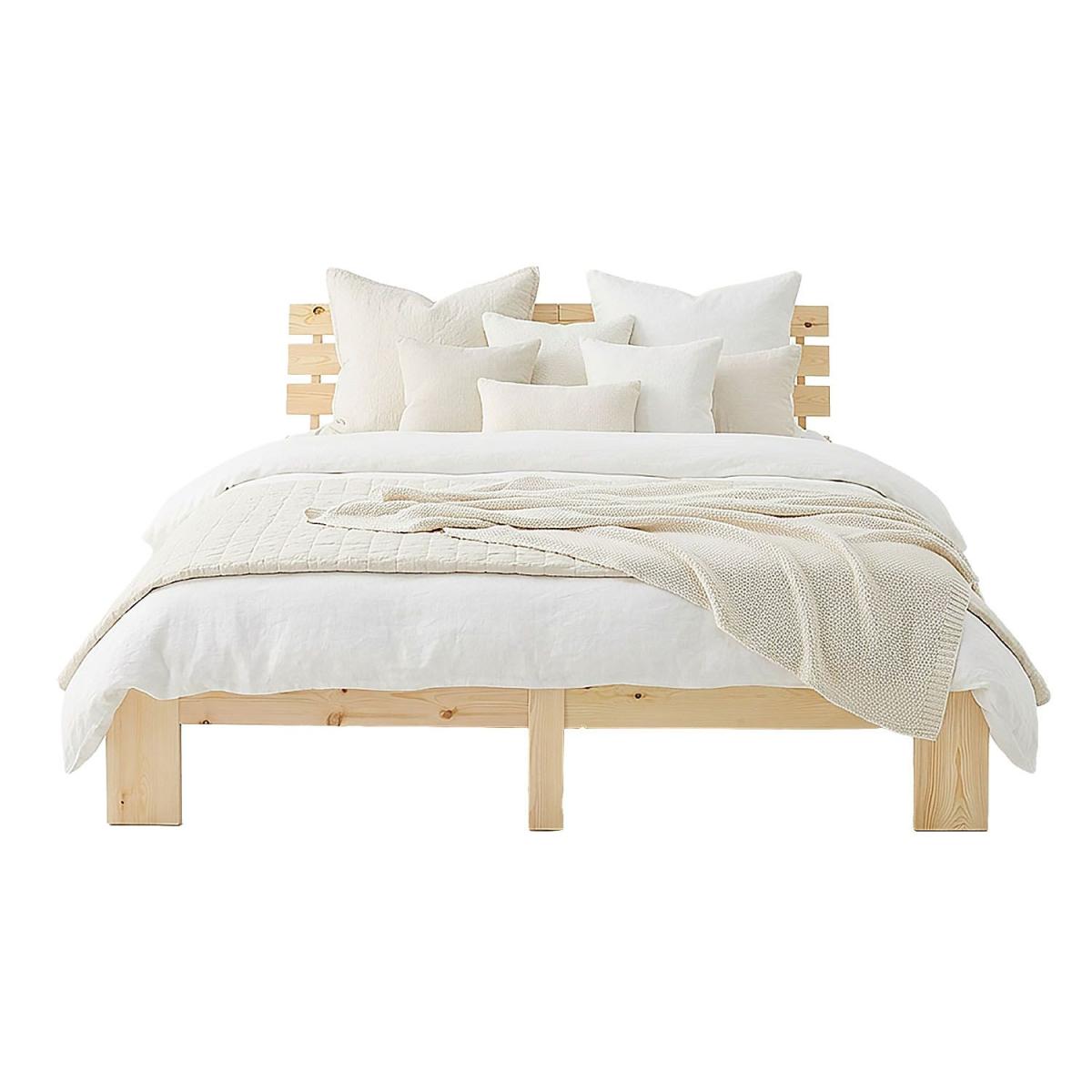 Lit en Bois 160x200 cm Naturel - Lit Double avec 2 Matelas - Massif