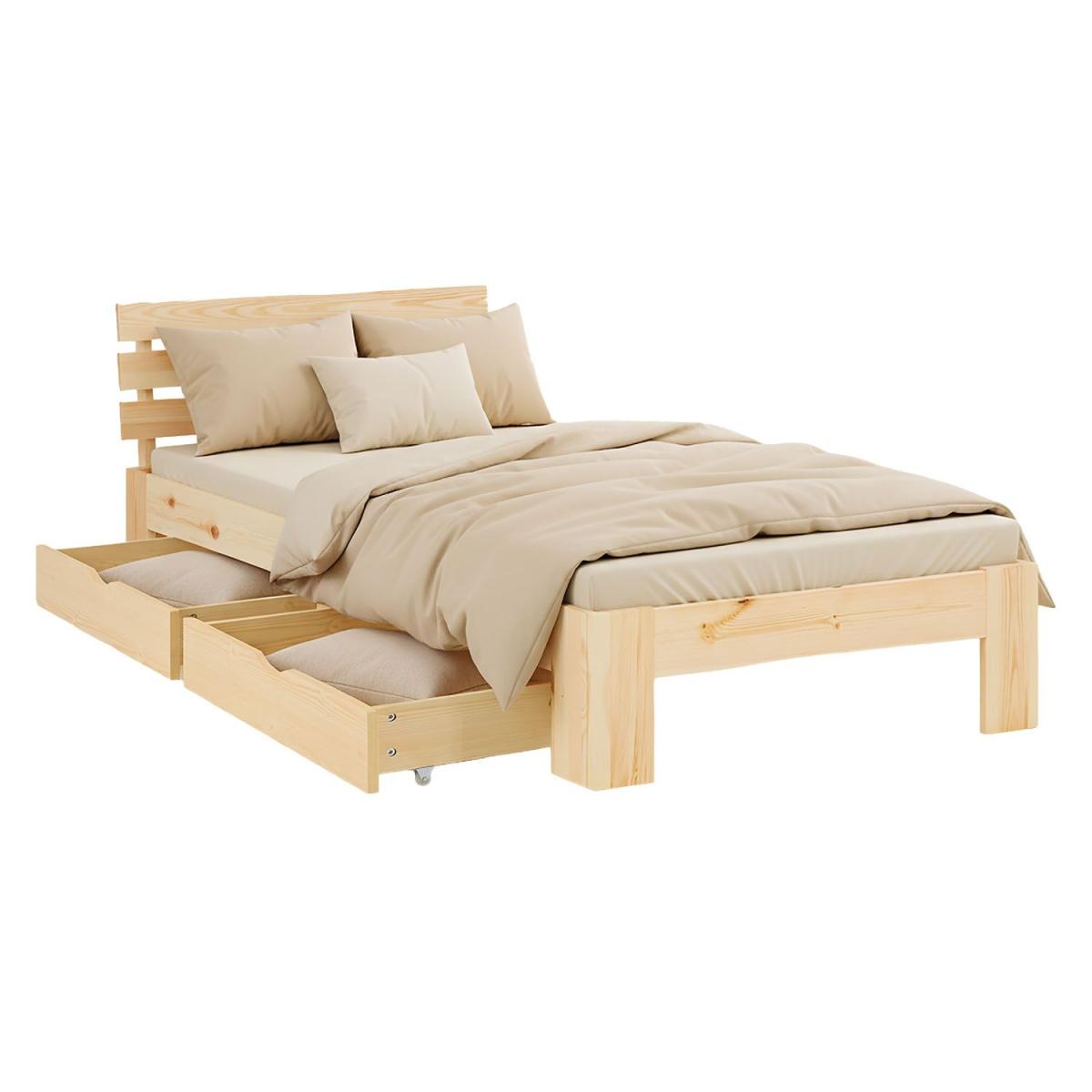 Lit en Bois 90x200 cm Naturel avec Matelas - 2 Tiroirs