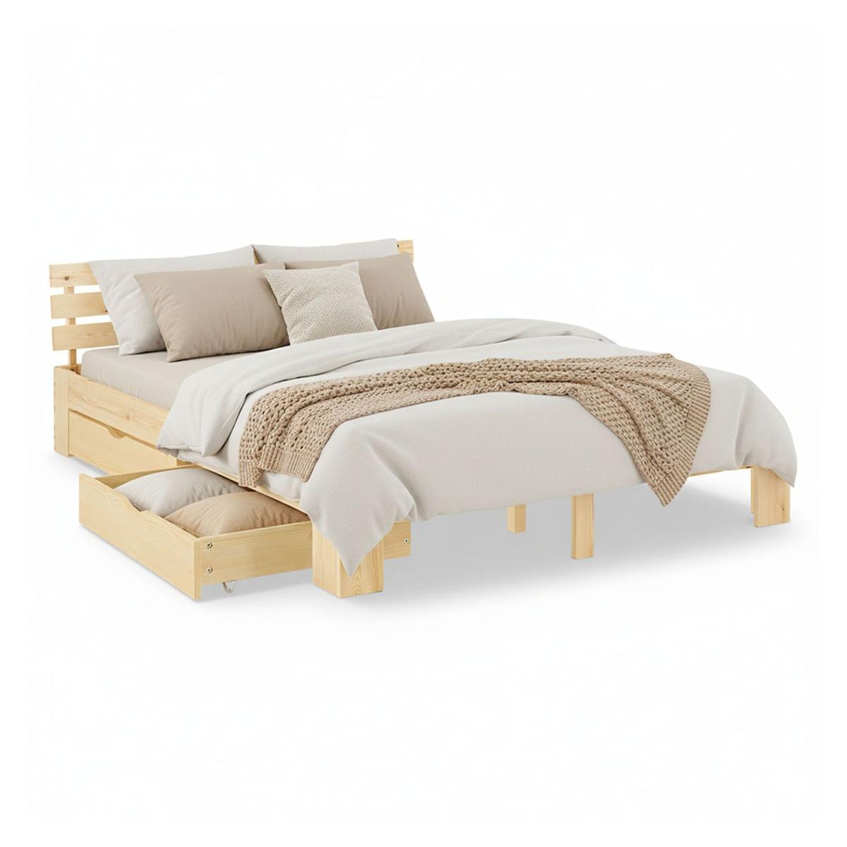 Lit en Bois 140x200 cm Naturel - Lit Double avec Matelas à ressorts - 2 Tiroirs