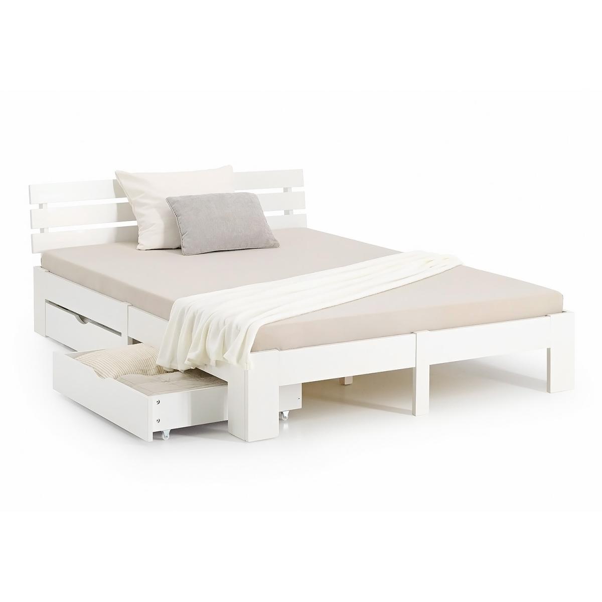 Lit en Bois 140x200 cm Blanc - Lit Double avec 2 Tiroirs de Rangement - avec Matelas - Massif