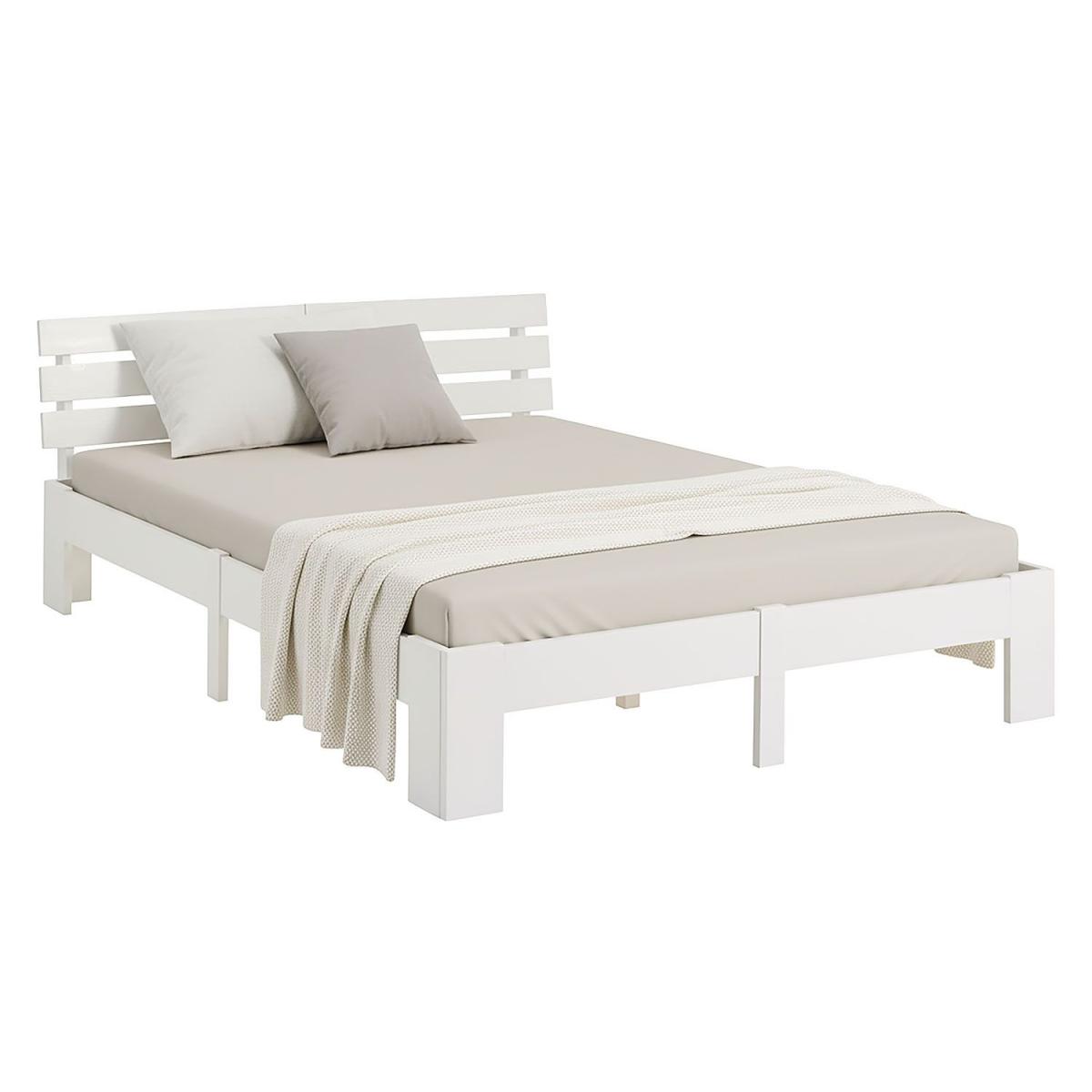 Lit en Bois 160x200 cm Blanc - Lit Double avec 2 Matelas - Massif