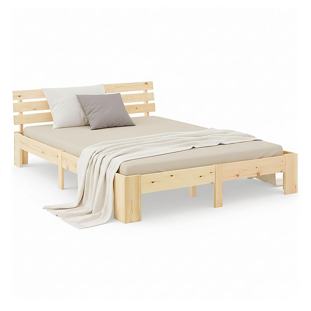 Lit en Bois 180x200 cm Naturel - Lit Double avec 2 Matelas - Massif