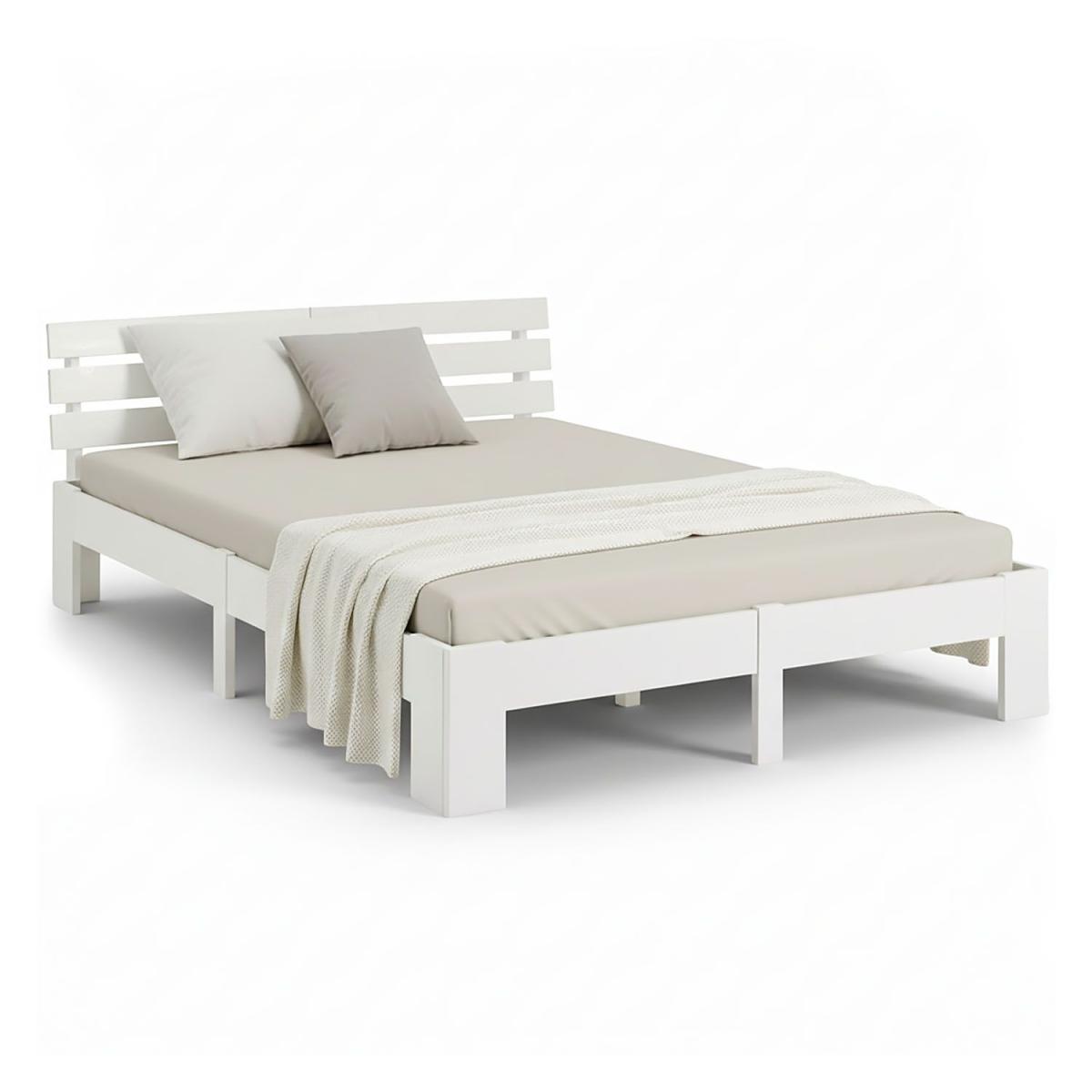 Lit en Bois 180x200 cm Blanc - Lit Double avec 2 Matelas - Massif