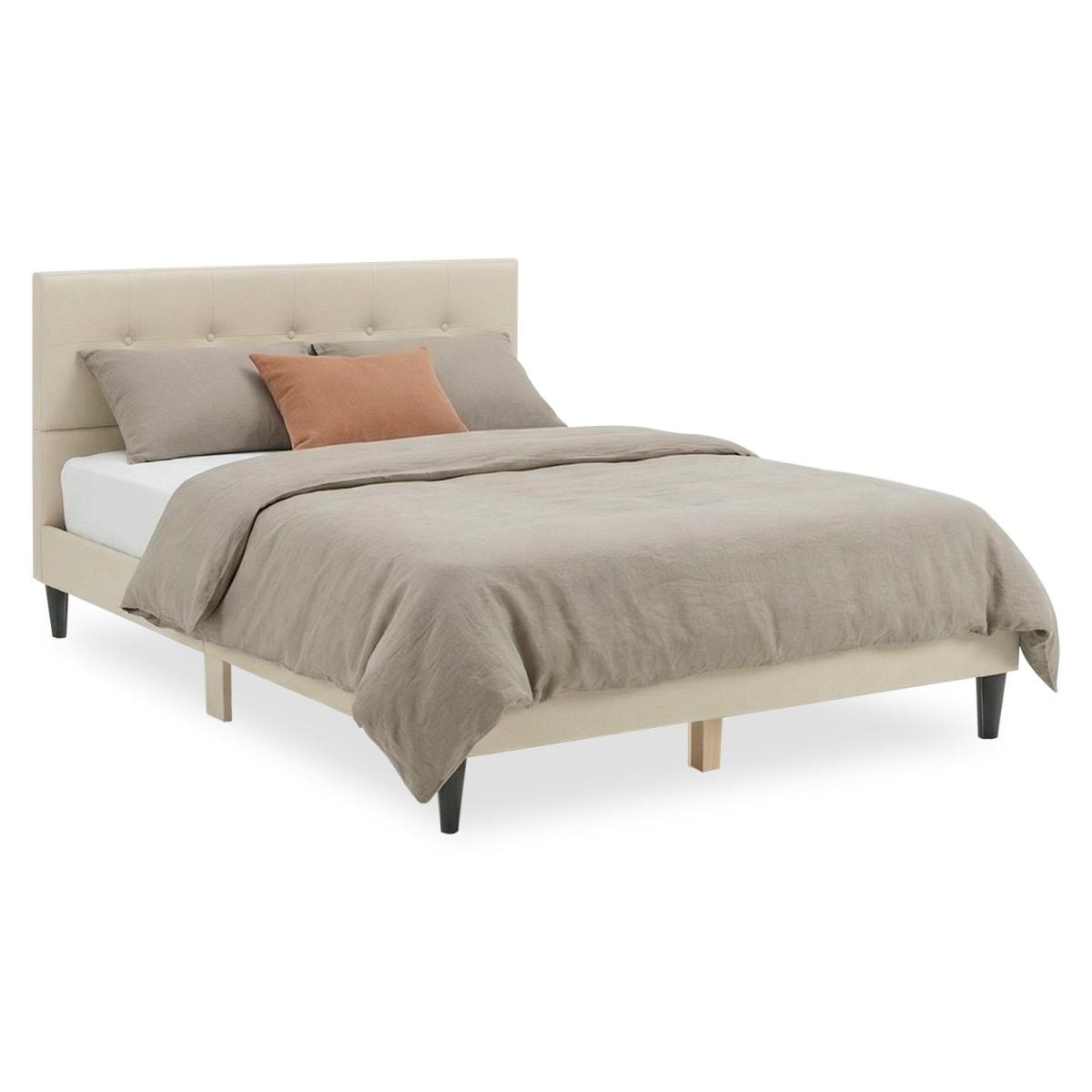 Lit rembourré 140x200 cm beige - avec sommier à lattes - cadre de lit double en tissu
