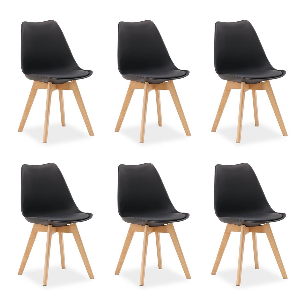 6 Chaises Noires avec Pieds en Bois